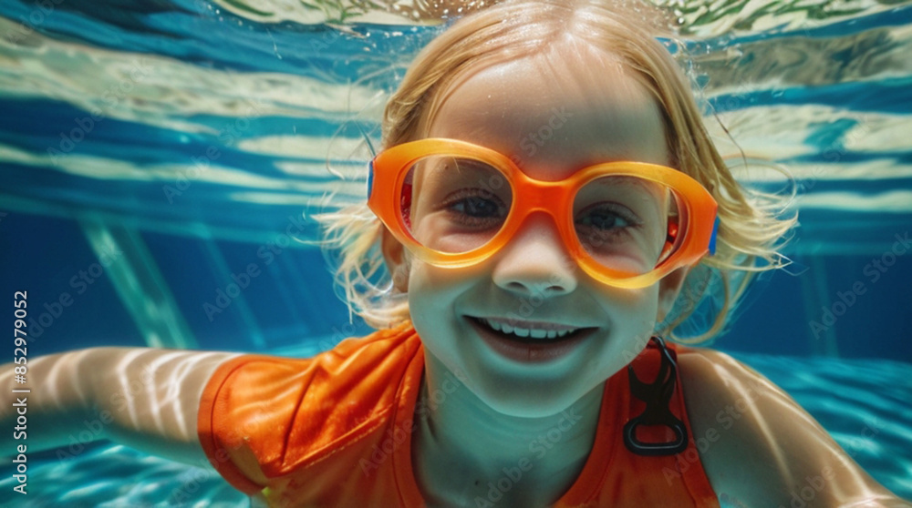 Child wearing swimming goggles and enjoying hot summer day in the swimming pool Child wearing swimming goggles and enjoying hot summer day in the swimming pool