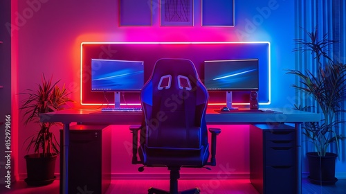 Modern Gaming and Workstation Setup with Neon LED Lighting and Dual Monitors