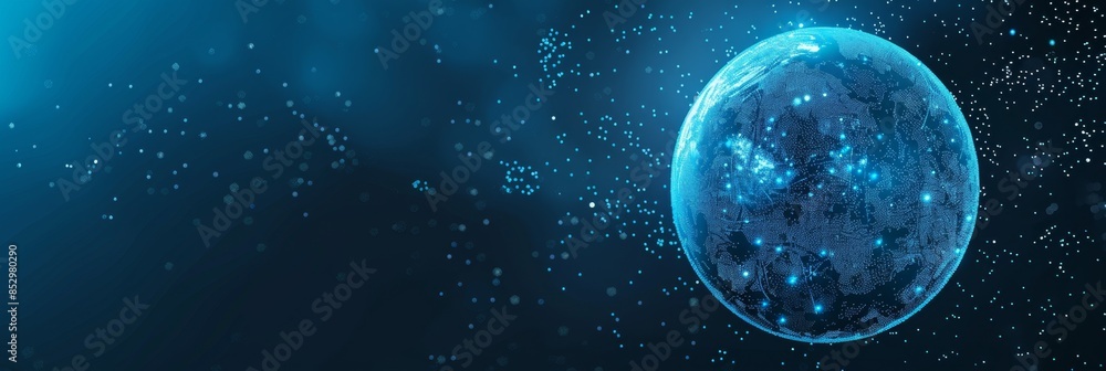Blue gradient background with a detailed digital particle sphere, offering a high-tech aesthetic with ample free space Blue gradient background with a detailed digital particle sphere, offering a high-tech aesthetic with ample free space
