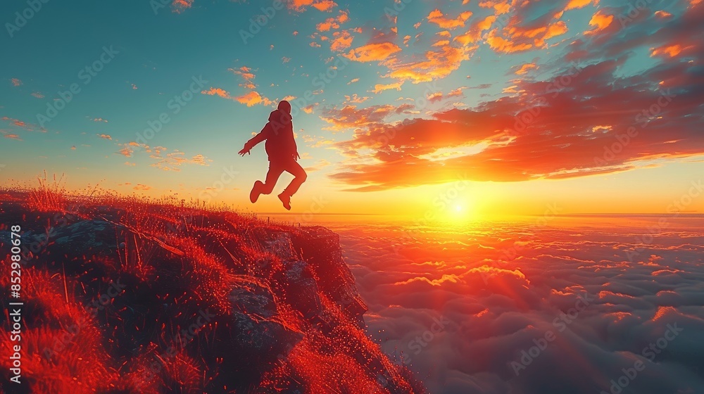 Fototapeta premium silhouette freedom man jumping cliff 