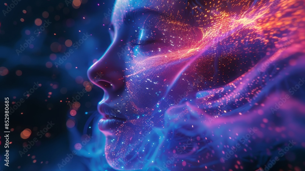 Womans Face Emerging From Blue And Orange Particles Womans Face Emerging From Blue And Orange Particles