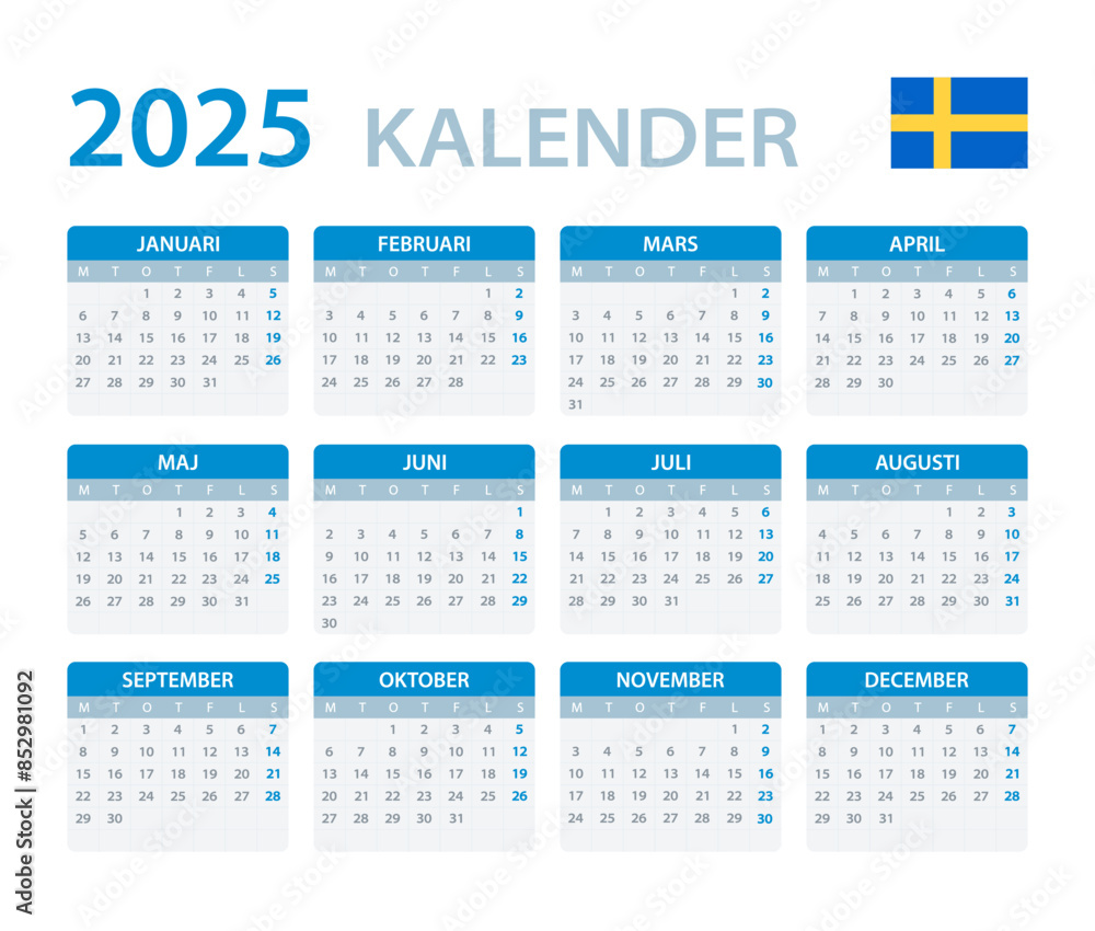 2025 Calendar - vector template graphic illustration - Swedish version