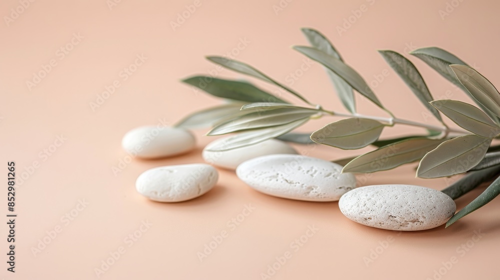 A photograph of an olive branch accompanied by white stones on a light peach background A photograph of an olive branch accompanied by white stones on a light peach background