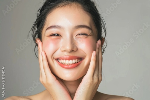頬に手をあてる肌の綺麗な日本人メイクモデルのポートレート（美容・艶・透明感）