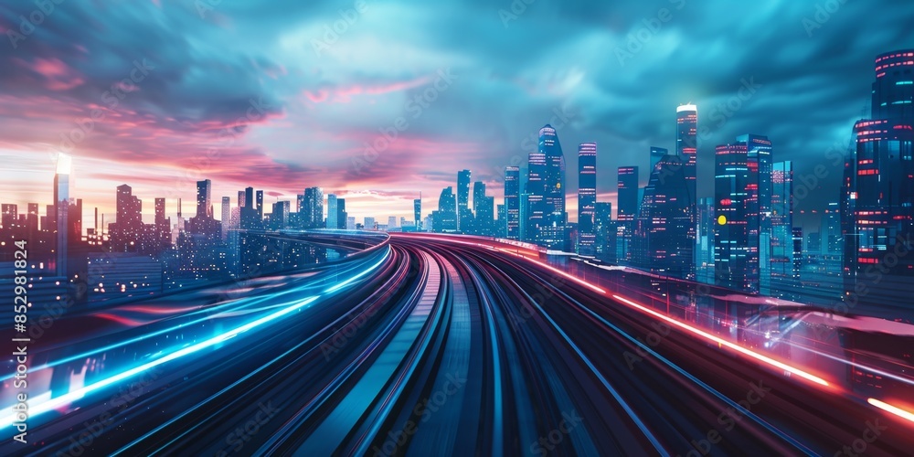 Obraz premium Clouds, city skyline, curved and speeding trains, future city, neon lights, speed, sky, clouds, buildings, colorful clouds, high technology, travel, journey, home, National Day holiday, New Year, vaca
