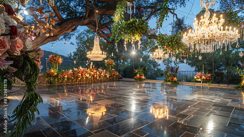 Fototapeta premium elegant outdoor ballroom with polished stone floors, crystal chandeliers hanging from tree branches, and lush floral arrangements creating a romantic setting for dancing under the stars