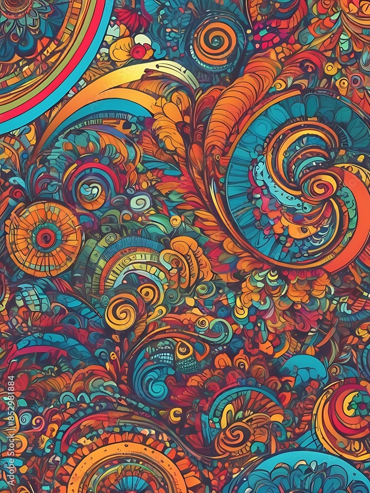 A colorful, abstract painting with swirls and flowers. The colors are bright and vibrant, creating a sense of energy and movement. The painting seems to be inspired by nature, with the flowers A colorful, abstract painting with swirls and flowers. The colors are bright and vibrant, creating a sense of energy and movement. The painting seems to be inspired by nature, with the flowers