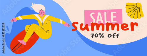 Young woman surfing. Banner template or summer discount promotion. Season sale concept.