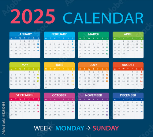 2025 Calendar - vector illustration, Week starts on Monday