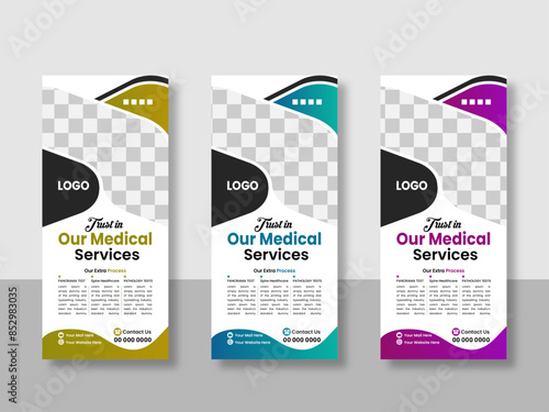 Medical Rack Card Design Template. Vector healthcare and medical care roll up stand banner design x roll up banner design template.