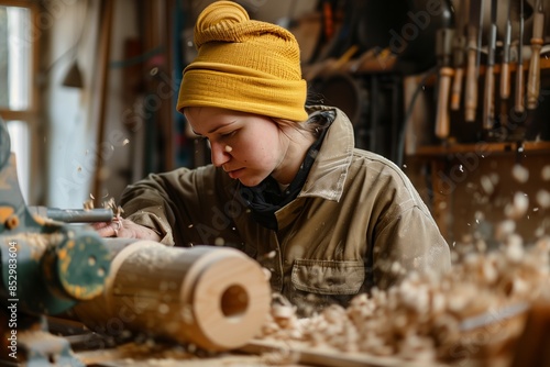 Skilled Woman Carpenter Turning Wood on Lathe © mattegg