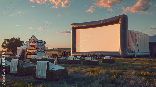 outdoor cinema set in a meadow, with a large inflatable screen, hay bale seating, and a concession stand offering classic movie snacks and blankets for chilly evenings photo