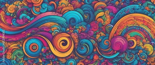 A colorful and intricate design with a lot of swirls and patterns. The colors are bright and vibrant, creating a sense of energy and movement. The design is likely meant to evoke feelings of joy