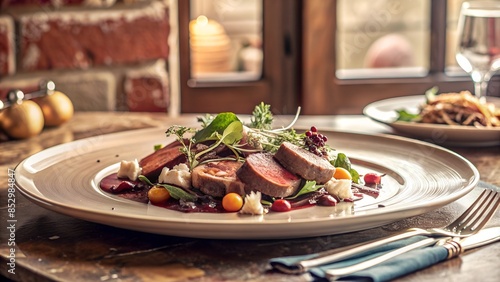 A sumptuous plate of food beautifully presented, capturing the essence of gourmet cuisine in a fashionable dining atmosphere with natural lighting © Ihyeongimm