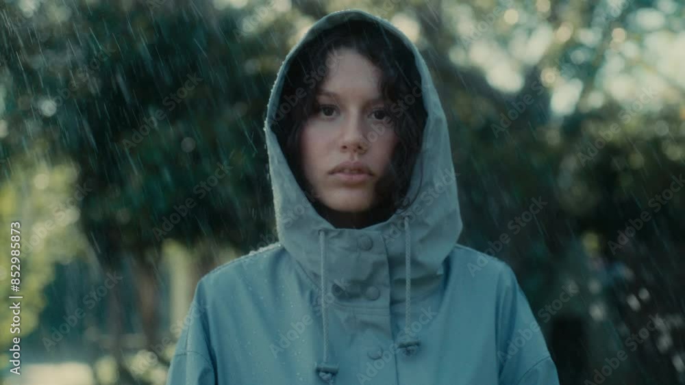 Woman in a rain coat standing outside in the rain Woman in a rain coat standing outside in the rain
