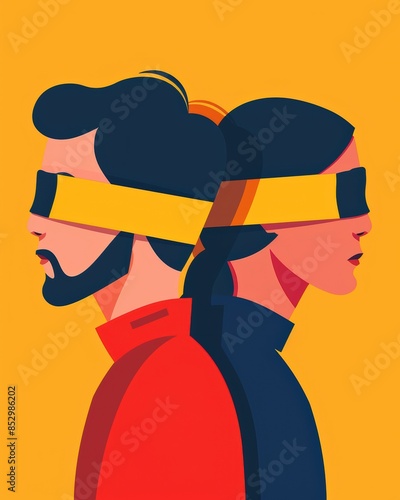 Abstract illustration of a man and woman back-to-back with blindfolds on, set against a vibrant yellow background.