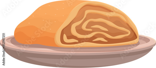 Traditional apple strudel is sitting on a ceramic plate, showing its delicious filling