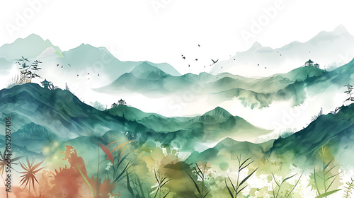 Chinese watercolor valley scenery painting The beauty of oriental lines