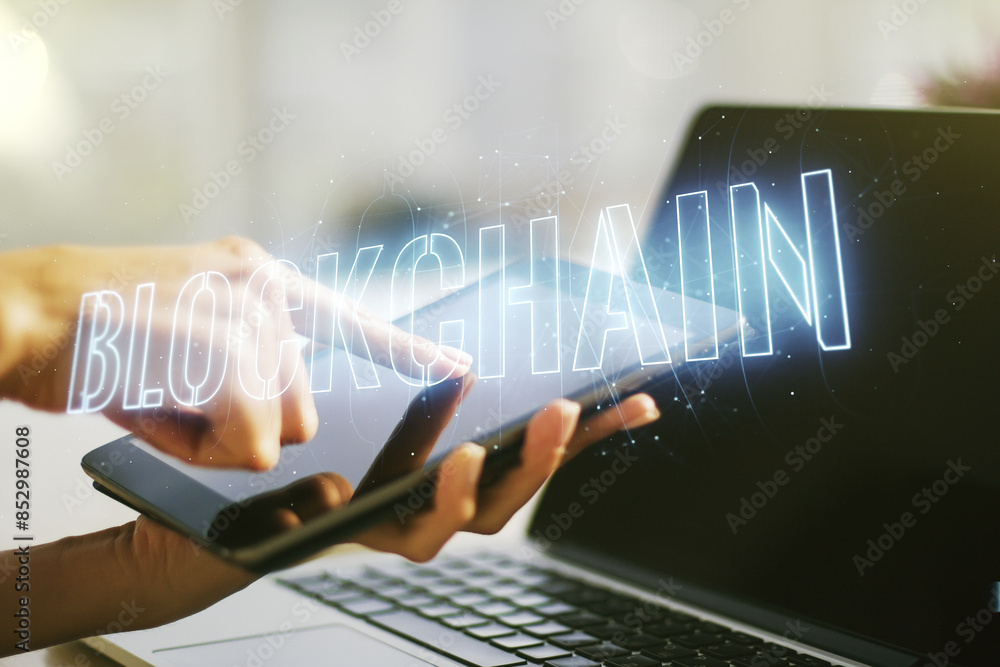 Creative abstract blockchain technology sketch and hand working with a digital tablet on background, future technology and blockchain concept. Double exposure Creative abstract blockchain technology sketch and hand working with a digital tablet on background, future technology and blockchain concept. Double exposure