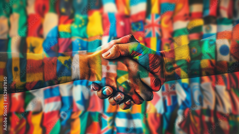 Fototapeta premium A symbolic image of hands clasped together in a gesture of solidarity and support, with diverse individuals standing united against a backdrop of flags from around the world, conve