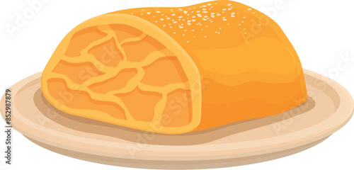 Freshly baked pumpkin roll with a crispy crust, sprinkled with sugar, is lying on a plate