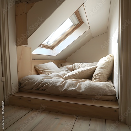Attic bedroom, minimalist style