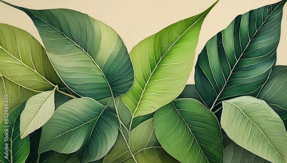 Retro watercolor pattern of green leaves in various shapes Retro watercolor pattern of green leaves in various shapes