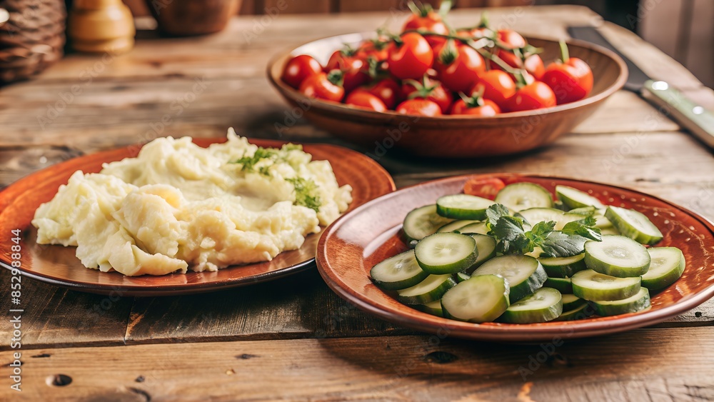 Large plate of mashed potatoes, next to it is a salad of cucumbers and tomatoes. The plate is on a wooden table. Large plate of mashed potatoes, next to it is a salad of cucumbers and tomatoes. The plate is on a wooden table.