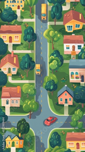 Aerial view of a colorful suburban neighborhood with houses, trees, and vehicles on a winding road, illustrating community living.