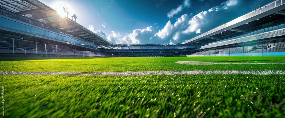 Fototapeta premium A Football Stadium With Lush Green Grass, Where Players Showcase Their Skills In The Midst Of Intense Mid-Action