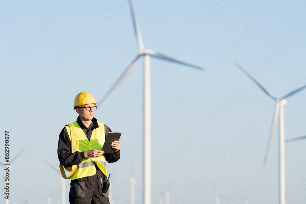 Engineer with digital tablet works on a field of wind turbines Engineer with digital tablet works on a field of wind turbines