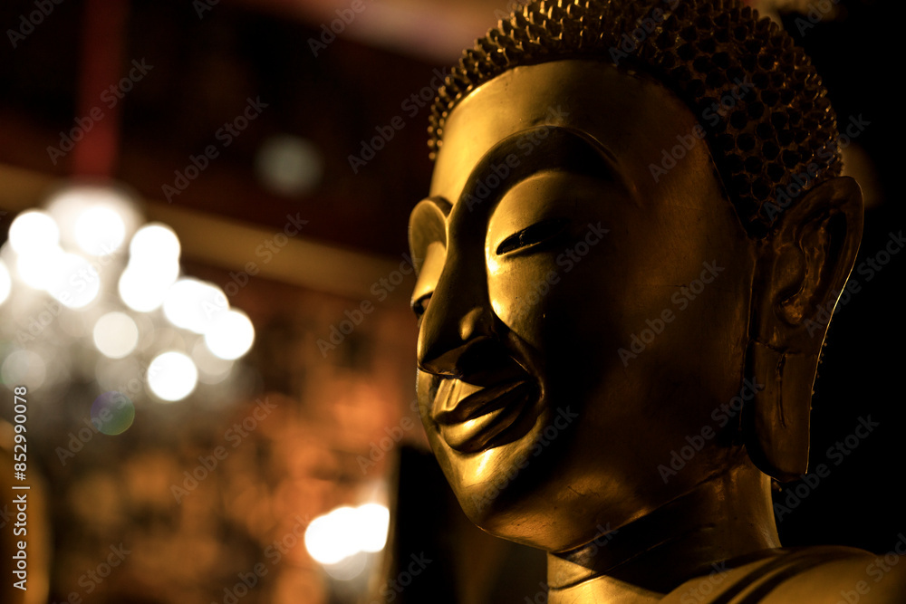 Golden Buddha head under light and shadow inside an old temple in Phra Nakhon Si Ayutthaya Province, Thailand. Golden Buddha head under light and shadow inside an old temple in Phra Nakhon Si Ayutthaya Province, Thailand.