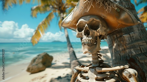 Skeleton Pirate Under Palm Tree on a Sunny Tropical Beach photo
