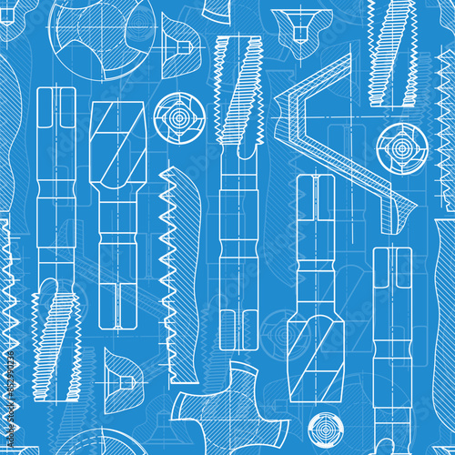 Mechanical engineering drawings on blue background. Tap tools, borer. Technical Design. Cover. Blueprint. Seamless pattern. Vector illustration.