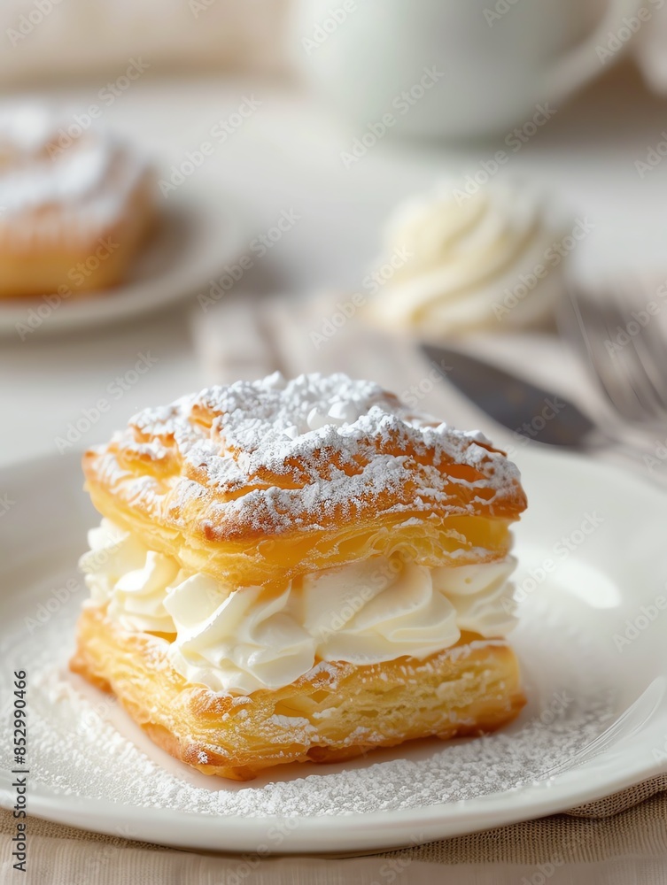 A square puff pastry dessert with whipped cream and powdered sugar on a white plate. A square puff pastry dessert with whipped cream and powdered sugar on a white plate.