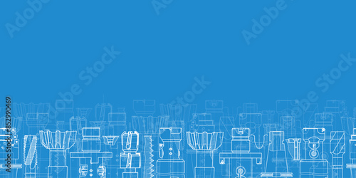Mechanical engineering drawings on blue background. Tap tools, borer. Technical Design. Cover. Blueprint. Seamless pattern. Vector illustration.