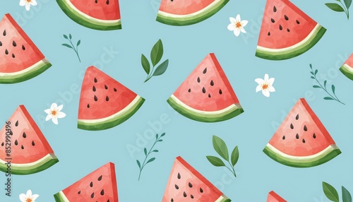 Seamless pattern of watermelon slices on a pastel blue background illustration