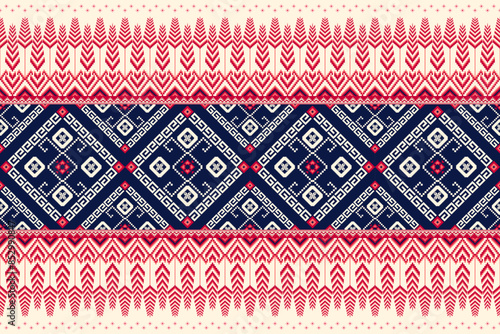 Illustration fabric ethnic pattern concept elements traditional embroidery piexl pattern for clothing, fabric, background, wallpaper, wrapping, batik Knitwear, Pixel pattern,with blue and red