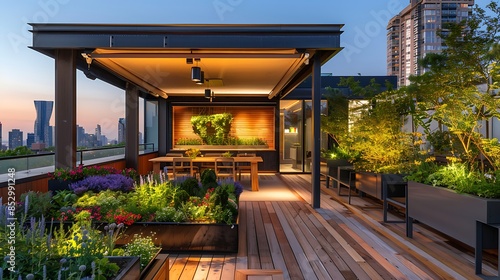 contemporary rooftop terrace with an automated retractable roof system, modular planters for urban gardening, and smart outdoor lighting controlled via mobile app