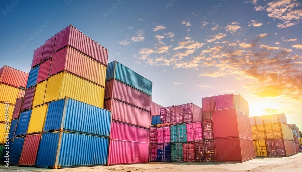 Fototapeta premium Stacks of colorful shipping containers in a sunlit industrial dockyard