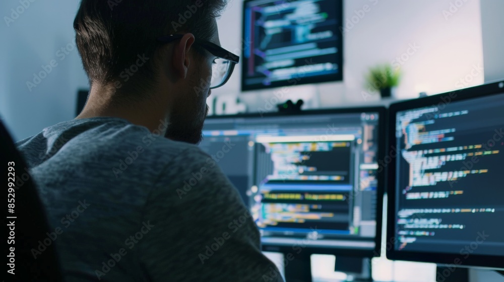 Close-up of a software developer coding on a computer with multiple screens, showcasing app development, in a modern office Close-up of a software developer coding on a computer with multiple screens, showcasing app development, in a modern office