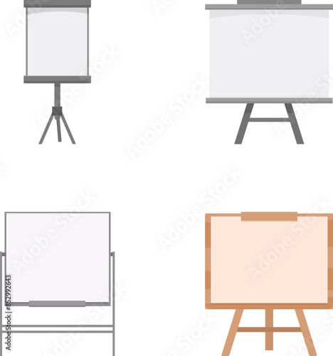 Vector illustration of four different blank presentation boards and easels on a white background