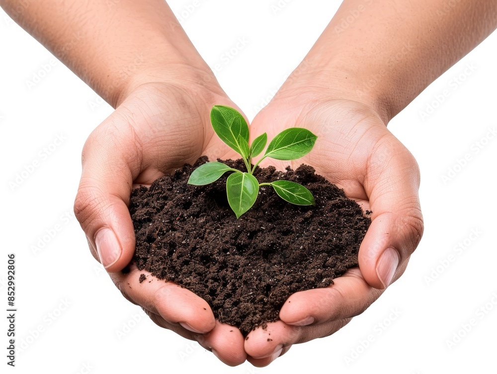 Close-up of hands holding rich soil with a small plant sprouting, symbolizing earth and eco-friendliness, isolated white background Close-up of hands holding rich soil with a small plant sprouting, symbolizing earth and eco-friendliness, isolated white background
