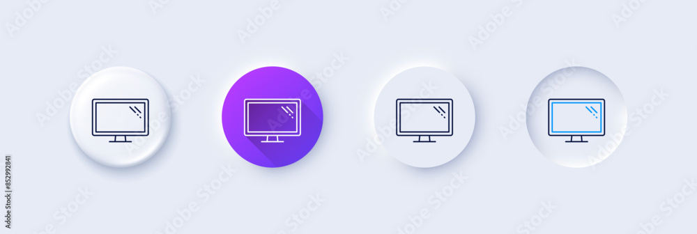 Monitor line icon. Neumorphic, Purple gradient, 3d pin buttons. Computer component device sign. Screen symbol. Line icons. Neumorphic buttons with outline signs. Vector Monitor line icon. Neumorphic, Purple gradient, 3d pin buttons. Computer component device sign. Screen symbol. Line icons. Neumorphic buttons with outline signs. Vector
