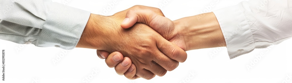 Close-up of two hands shaking in agreement, firm grip, isolated white background, detailed shot, mutual understanding, professional deal, trust and cooperation Close-up of two hands shaking in agreement, firm grip, isolated white background, detailed shot, mutual understanding, professional deal, trust and cooperation