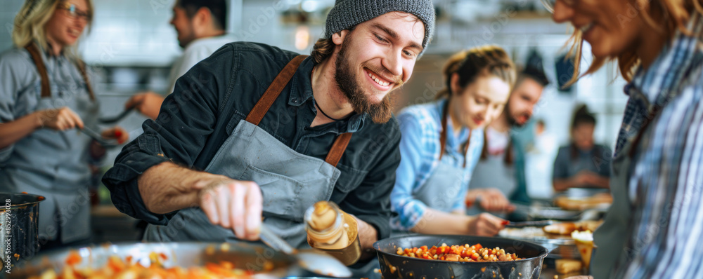 A group of coworkers volunteering at a local soup kitchen, serving warm meals to those in need with smiles and kindness. A group of coworkers volunteering at a local soup kitchen, serving warm meals to those in need with smiles and kindness.
