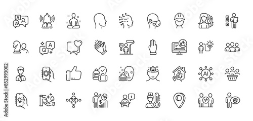 Group, Heart and Yoga line icons pack. AI, Question and Answer, Map pin icons. Support chat, Electric app, Security app web icon. Head, Three fingers, Podium pictogram. Vector