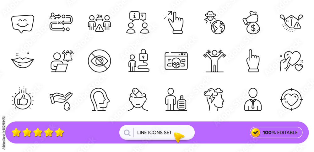 Lips, Lock and Psychology line icons for web app. Pack of Like hand, Click hand, Journey path pictogram icons. Wash hands, Social distance, Human signs. Hold heart, Baggage, Smile chat. Vector Lips, Lock and Psychology line icons for web app. Pack of Like hand, Click hand, Journey path pictogram icons. Wash hands, Social distance, Human signs. Hold heart, Baggage, Smile chat. Vector