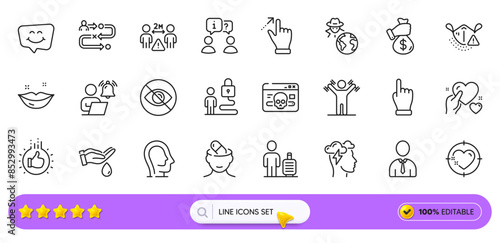 Lips, Lock and Psychology line icons for web app. Pack of Like hand, Click hand, Journey path pictogram icons. Wash hands, Social distance, Human signs. Hold heart, Baggage, Smile chat. Vector