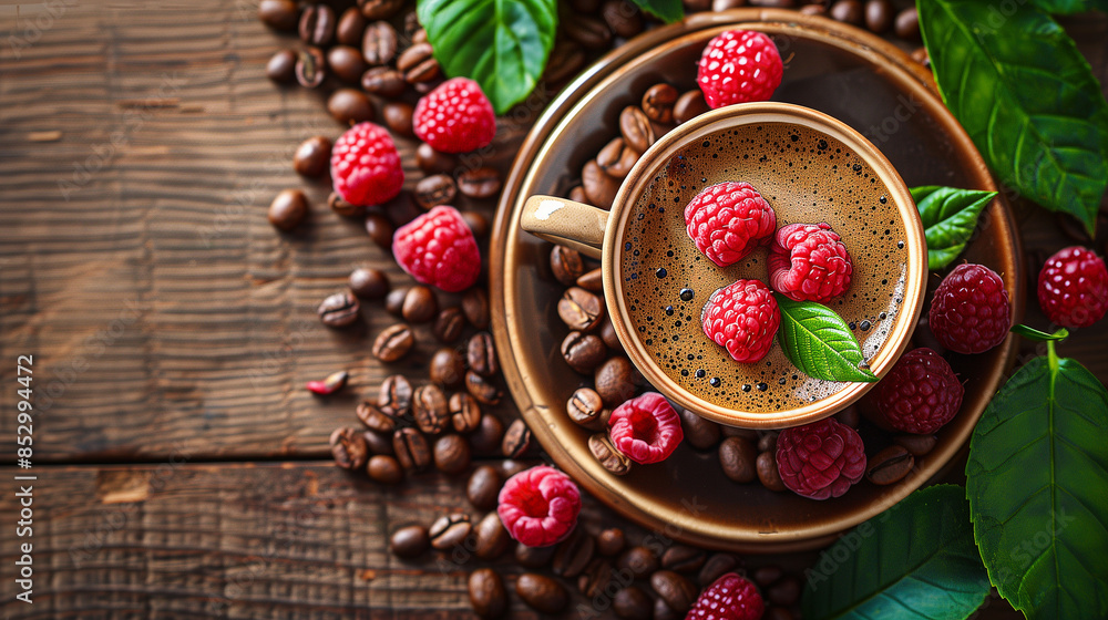 Aroma coffee cup on the wooden table with raspberries. Aroma coffee cup on the wooden table with raspberries.